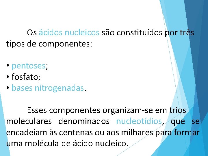 Os ácidos nucleicos são constituídos por três tipos de componentes: • pentoses; • fosfato;