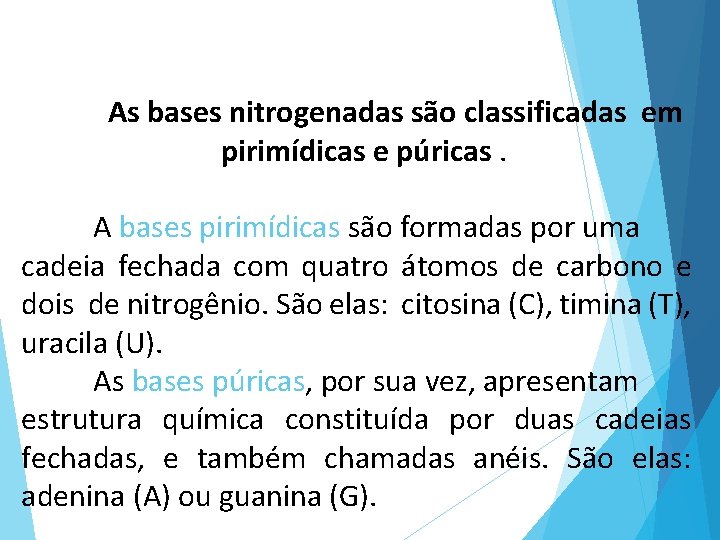 As bases nitrogenadas são classificadas em pirimídicas e púricas. A bases pirimídicas são formadas