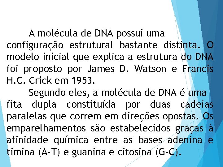 A molécula de DNA possui uma configuração estrutural bastante distinta. O modelo inicial que