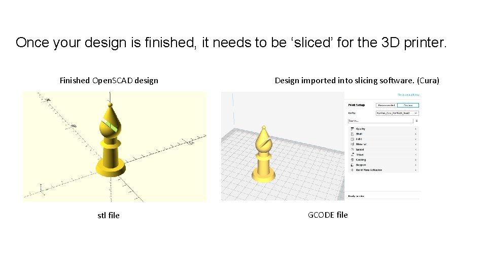 Once your design is finished, it needs to be ‘sliced’ for the 3 D