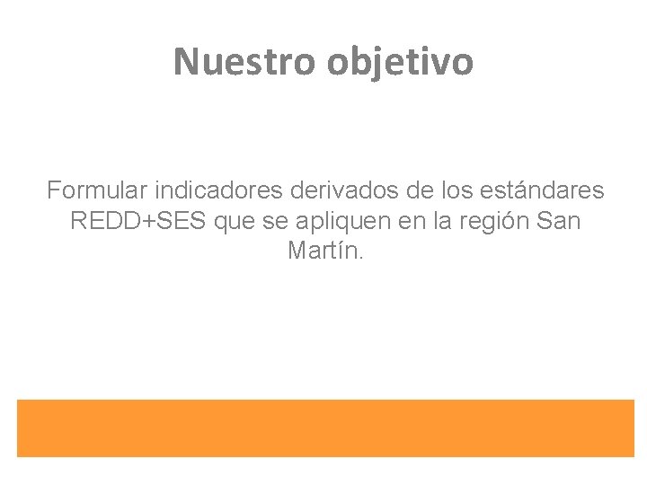 Nuestro objetivo Formular indicadores derivados de los estándares REDD+SES que se apliquen en la