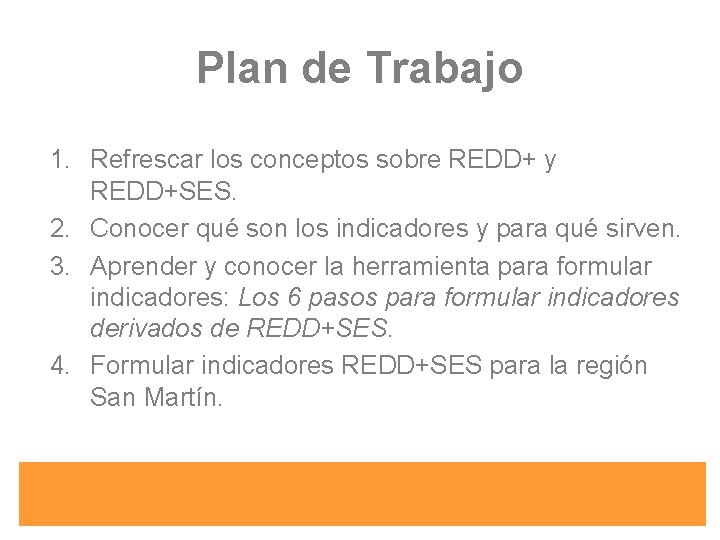 Plan de Trabajo 1. Refrescar los conceptos sobre REDD+ y REDD+SES. 2. Conocer qué