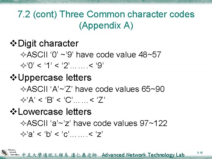 7. 2 (cont) Three Common character codes (Appendix A) v. Digit character ²ASCII ‘