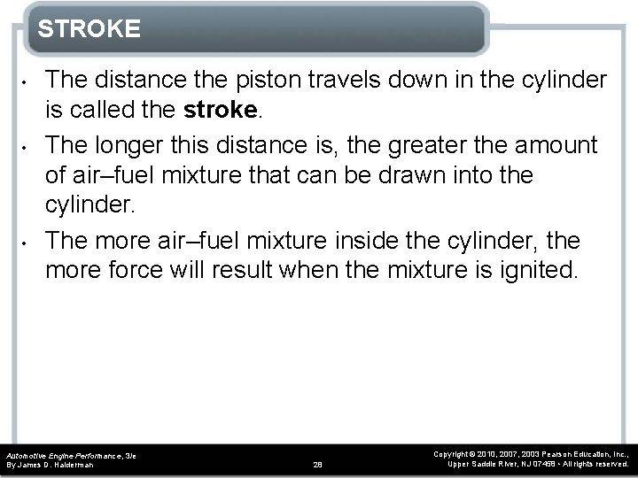 STROKE • • • The distance the piston travels down in the cylinder is STROKE • • • The distance the piston travels down in the cylinder is