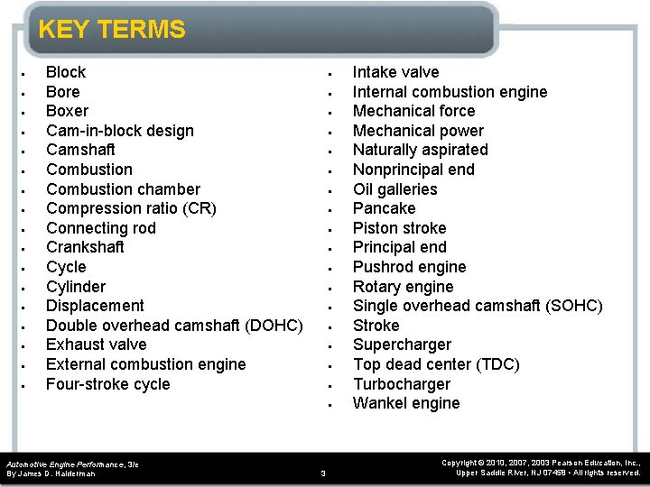 KEY TERMS • • • • • Block Bore Boxer Cam-in-block design Camshaft Combustion KEY TERMS • • • • • Block Bore Boxer Cam-in-block design Camshaft Combustion