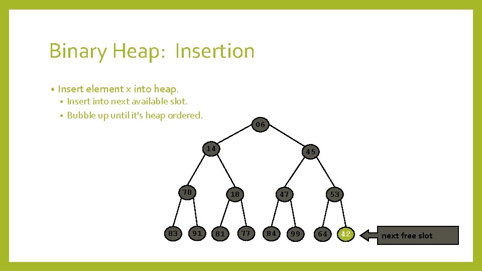 Binary Heap: Insertion • Insert element x into heap. Insert into next available slot.