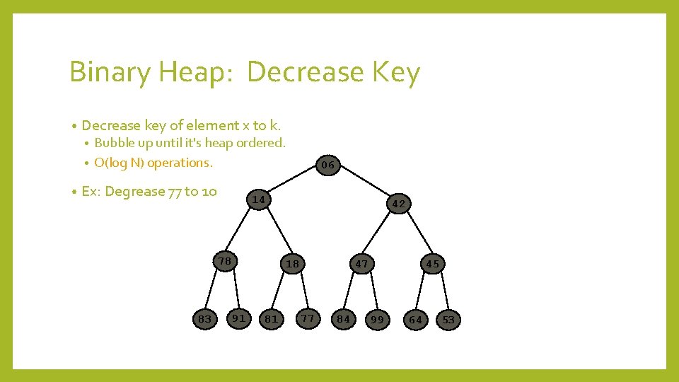 Binary Heap: Decrease Key • Decrease key of element x to k. Bubble up