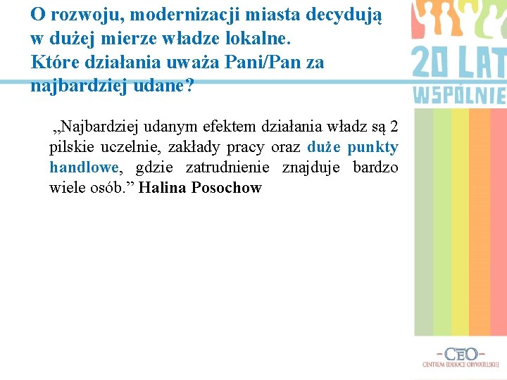 O rozwoju, modernizacji miasta decydują w dużej mierze władze lokalne. Które działania uważa Pani/Pan