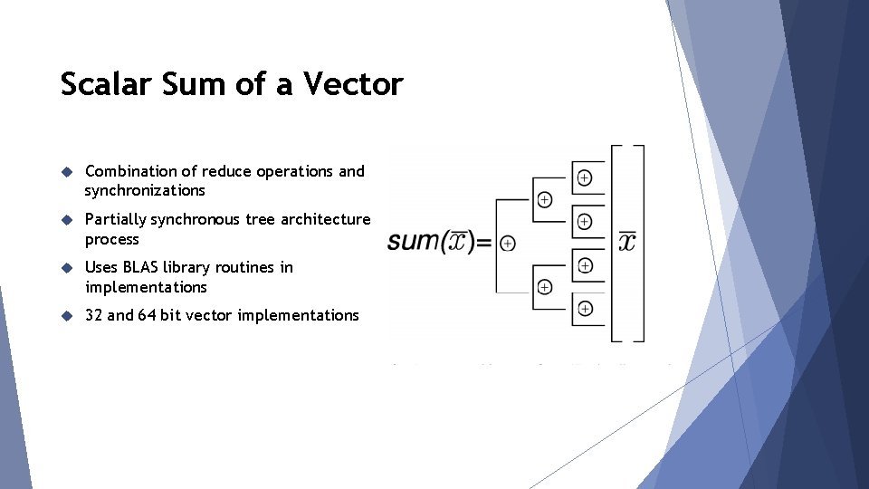 Scalar Sum of a Vector Combination of reduce operations and synchronizations Partially synchronous tree