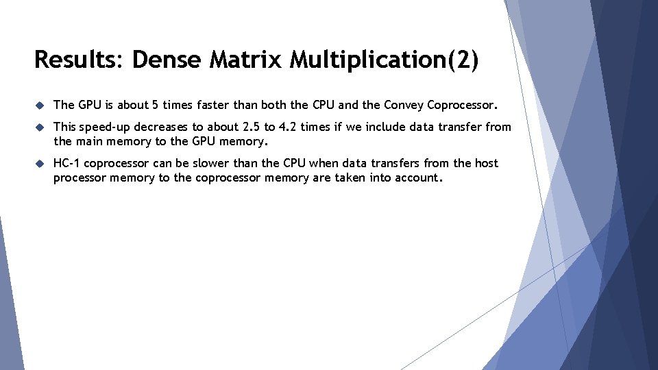 Results: Dense Matrix Multiplication(2) The GPU is about 5 times faster than both the