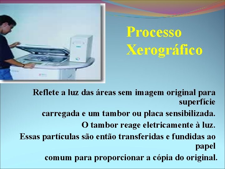 Processo Xerográfico Reflete a luz das áreas sem imagem original para superfície carregada e