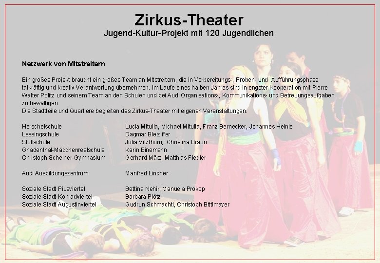 Zirkus-Theater Jugend-Kultur-Projekt mit 120 Jugendlichen Netzwerk von Mitstreitern Ein großes Projekt braucht ein großes