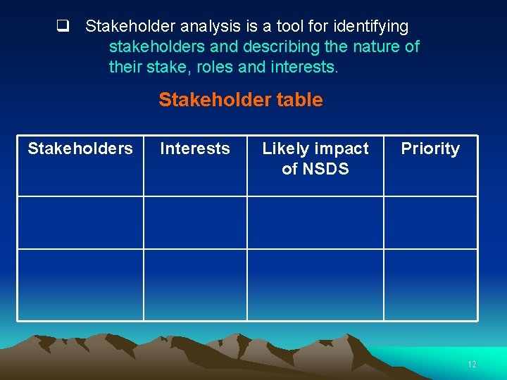 q Stakeholder analysis is a tool for identifying stakeholders and describing the nature of