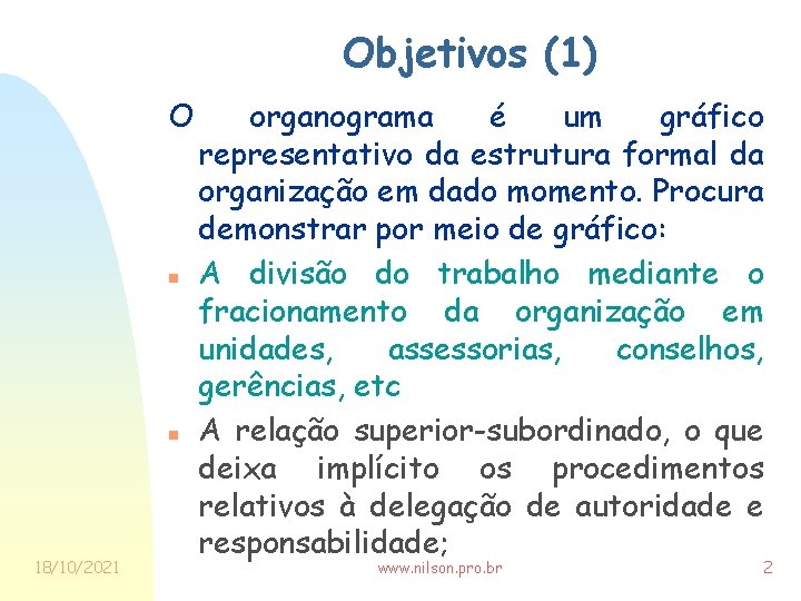 Objetivos (1) O n n 18/10/2021 organograma é um gráfico representativo da estrutura formal