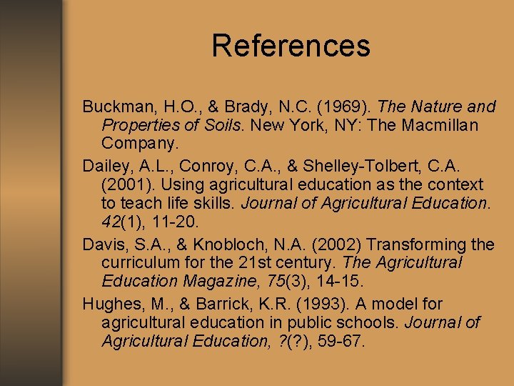 References Buckman, H. O. , & Brady, N. C. (1969). The Nature and Properties