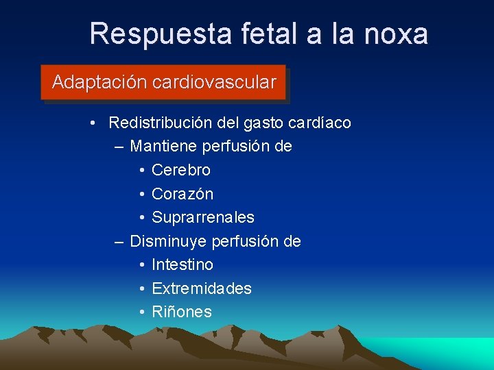 Respuesta fetal a la noxa Adaptación cardiovascular • Redistribución del gasto cardíaco – Mantiene