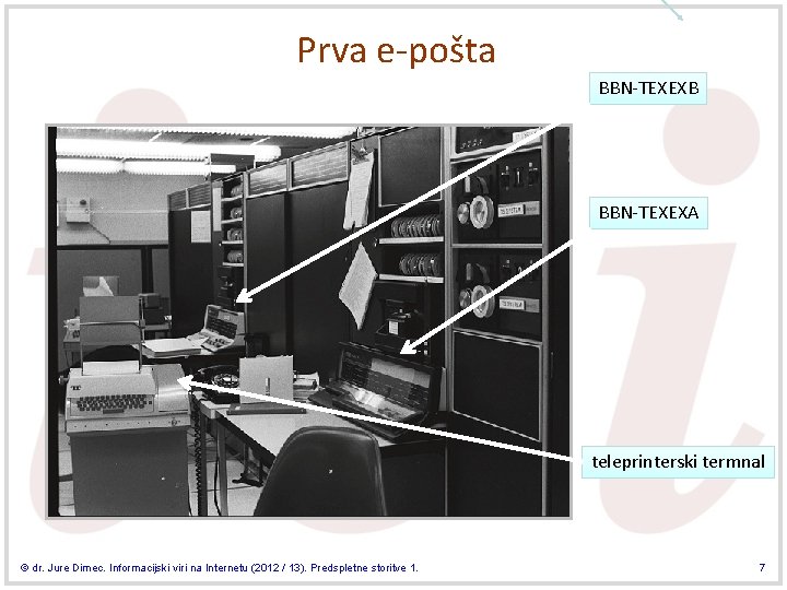 Prva e-pošta BBN-TEXEXB BBN-TEXEXA teleprinterski termnal © dr. Jure Dimec. Informacijski viri na Internetu