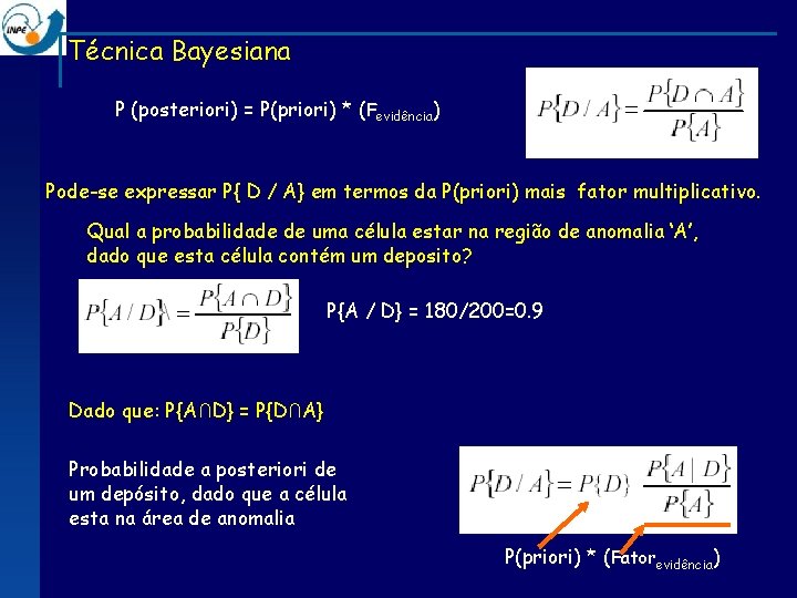 Técnica Bayesiana P (posteriori) = P(priori) * (Fevidência) Pode-se expressar P{ D / A}