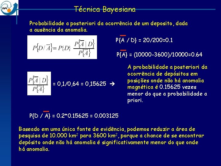 Técnica Bayesiana Probabilidade a posteriori da ocorrência de um deposito, dada a ausência da