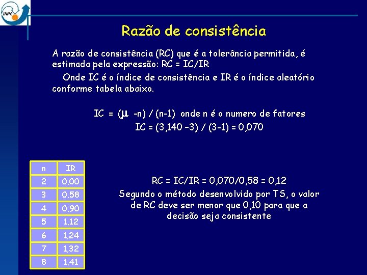 Razão de consistência A razão de consistência (RC) que é a tolerância permitida, é