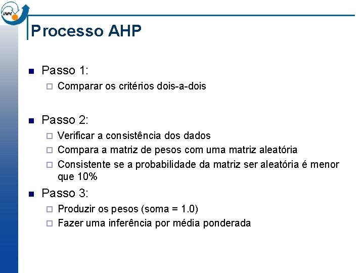 Processo AHP n Passo 1: ¨ n Comparar os critérios dois-a-dois Passo 2: Verificar