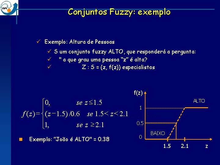 Conjuntos Fuzzy: exemplo ü Exemplo: Altura de Pessoas ü S um conjunto fuzzy ALTO,