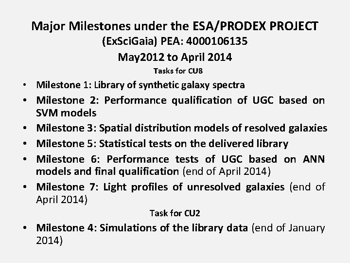 Major Milestones under the ESA/PRODEX PROJECT (Ex. Sci. Gaia) PEA: 4000106135 May 2012 to