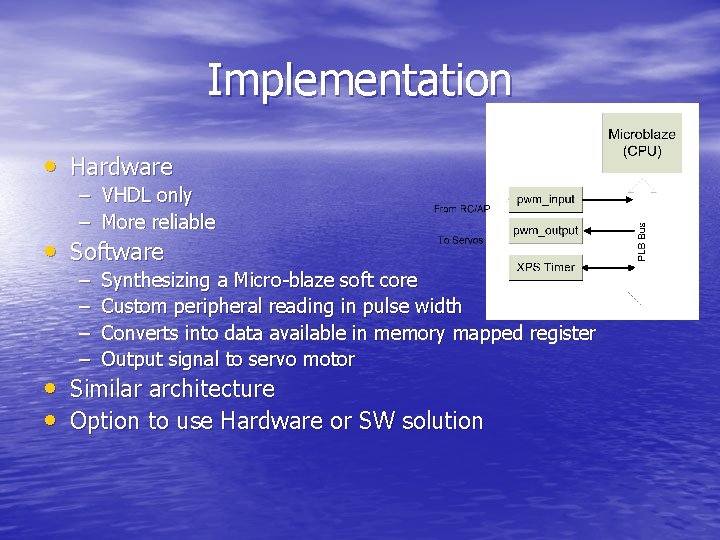 Implementation • Hardware – VHDL only – More reliable • Software – – Synthesizing