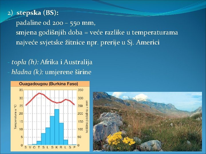 2) stepska (BS): padaline od 200 – 550 mm, smjena godišnjih doba = veće