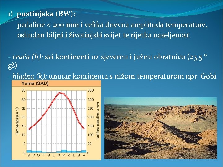 1) pustinjska (BW): padaline < 200 mm i velika dnevna amplituda temperature, oskudan biljni