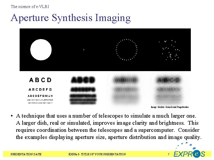 The science of e-VLBI Aperture Synthesis Imaging Image Credits: Avruch and Pogrebenko • A