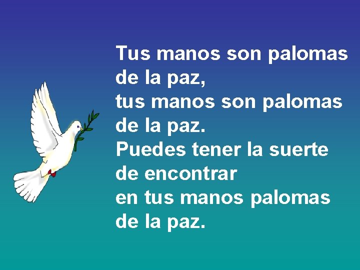 Tus manos son palomas de la paz, tus manos son palomas de la paz.