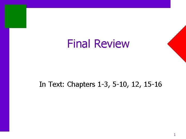 Final Review In Text: Chapters 1 -3, 5 -10, 12, 15 -16 1 