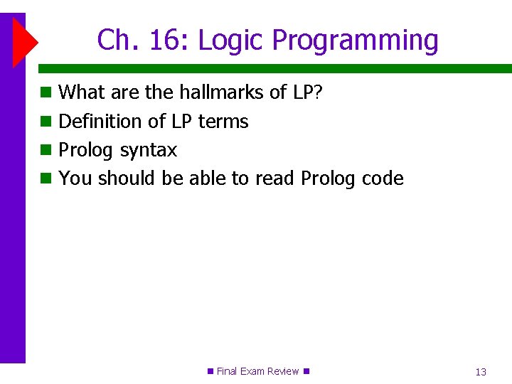 Ch. 16: Logic Programming What are the hallmarks of LP? Definition of LP terms