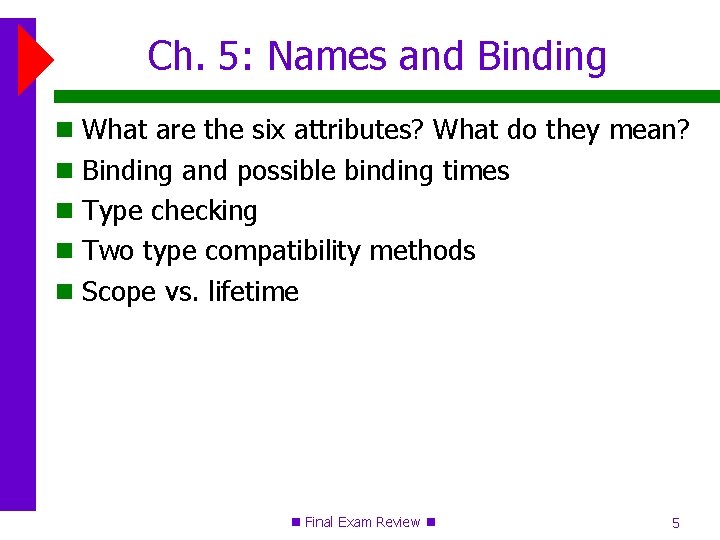 Ch. 5: Names and Binding What are the six attributes? What do they mean?