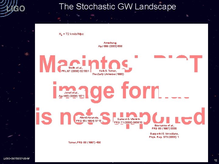 The Stochastic GW Landscape PRD 69 (2004) 122004 H 0 = 72 km/s/Mpc Armstrong,