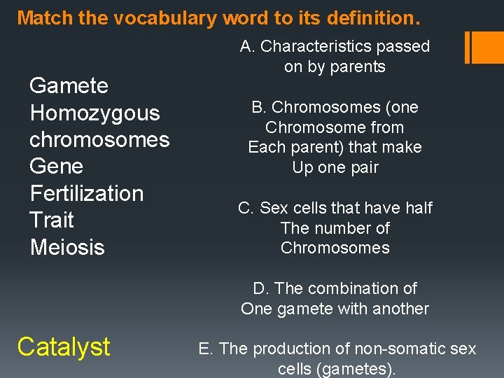Match the vocabulary word to its definition. Gamete Homozygous chromosomes Gene Fertilization Trait Meiosis