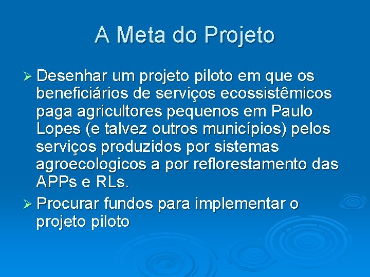 A Meta do Projeto Ø Desenhar um projeto piloto em que os beneficiários de