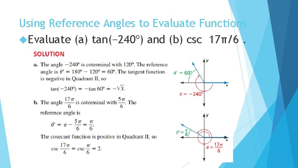 Using Reference Angles to Evaluate Functions Evaluate (a) tan(− 240º) and (b) csc 17π/6.