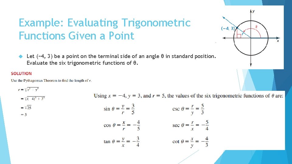 Example: Evaluating Trigonometric Functions Given a Point Let (− 4, 3) be a point