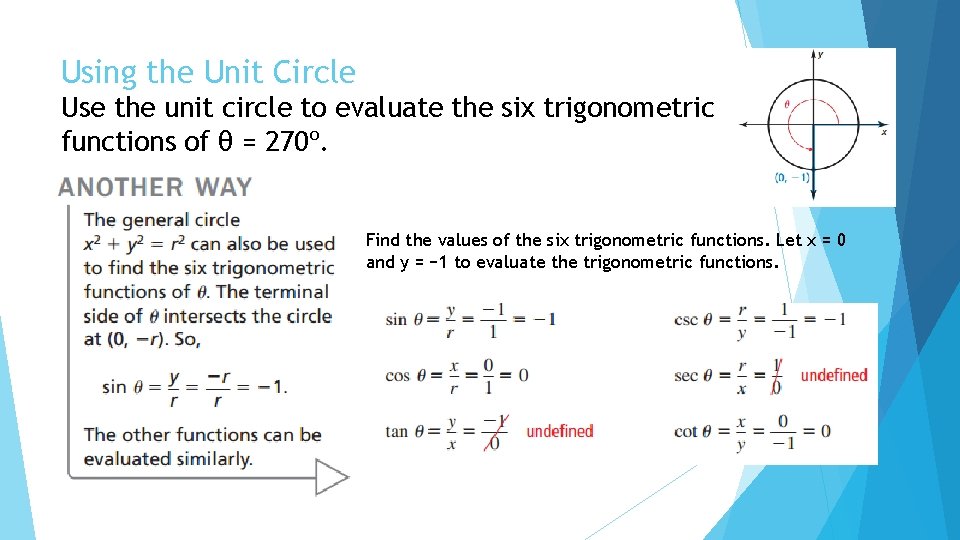 Using the Unit Circle Use the unit circle to evaluate the six trigonometric functions