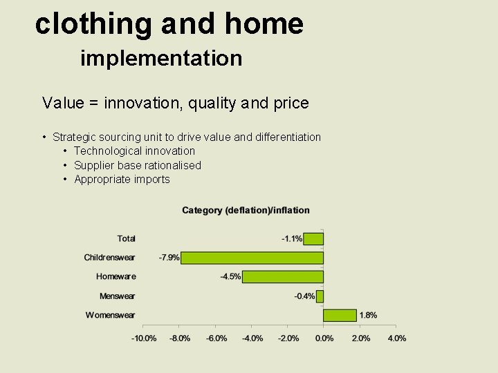 clothing and home implementation Value = innovation, quality and price • Strategic sourcing unit