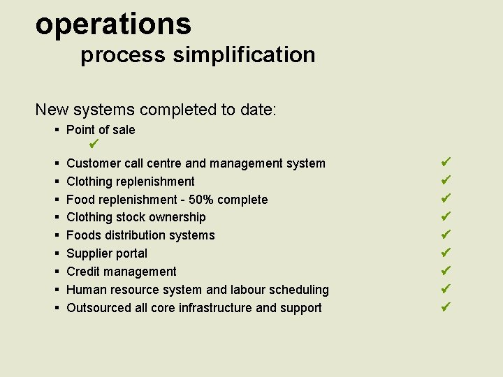 operations process simplification New systems completed to date: § Point of sale § Customer