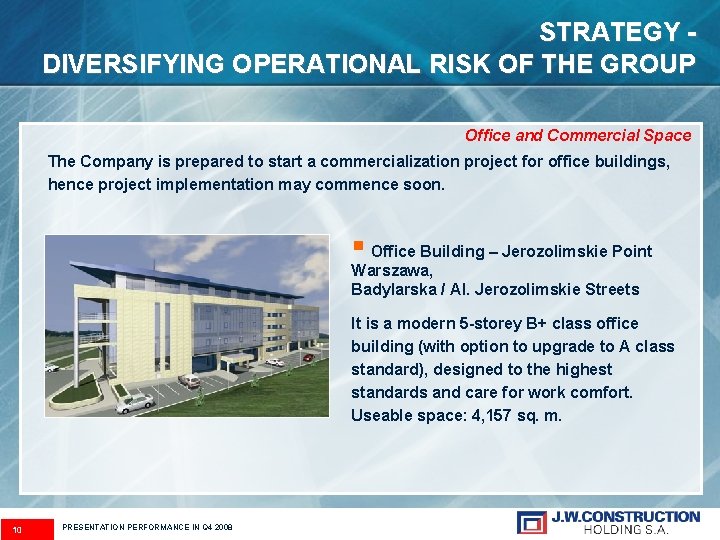 STRATEGY DIVERSIFYING OPERATIONAL RISK OF THE GROUP Office and Commercial Space The Company is