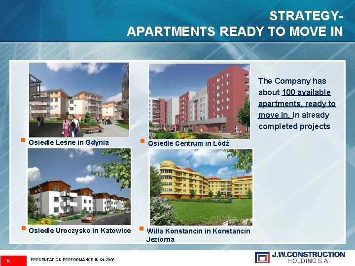 STRATEGYAPARTMENTS READY TO MOVE IN The Company has about 100 available apartments, ready to