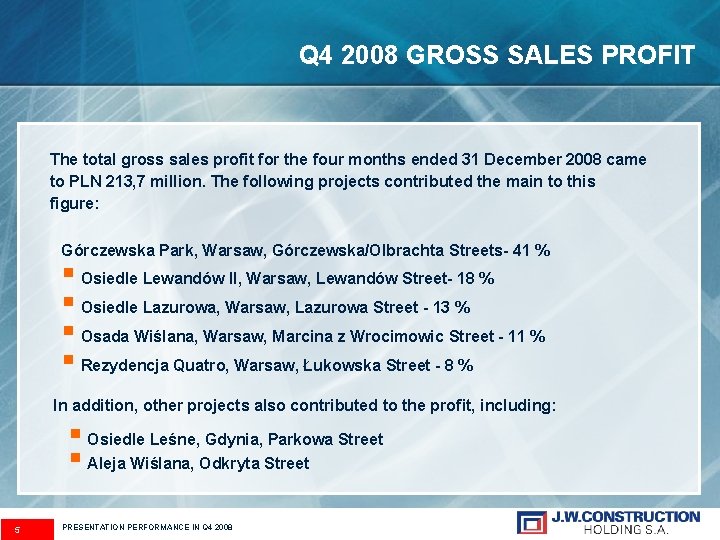 Q 4 2008 GROSS SALES PROFIT The total gross sales profit for the four