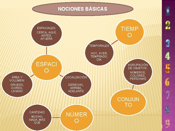 NOCIONES BÁSICAS TIEMP O ESPACIALES: CERCA, AQUÍ, ANTES, AFUERA TEMPORALES : HOY, AYER, TEMPRADO,