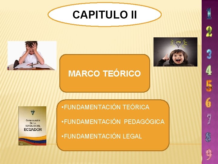 CAPITULO II MARCO TEÓRICO • FUNDAMENTACIÓN TEÓRICA • FUNDAMENTACIÓN PEDAGÓGICA • FUNDAMENTACIÓN LEGAL 
