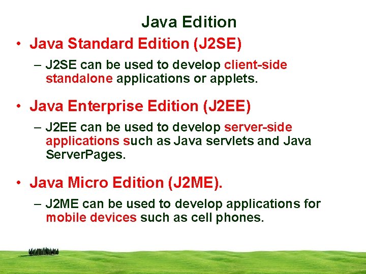 Java Edition • Java Standard Edition (J 2 SE) – J 2 SE can