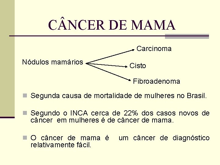 C NCER DE MAMA Carcinoma Nódulos mamários Cisto Fibroadenoma n Segunda causa de mortalidade